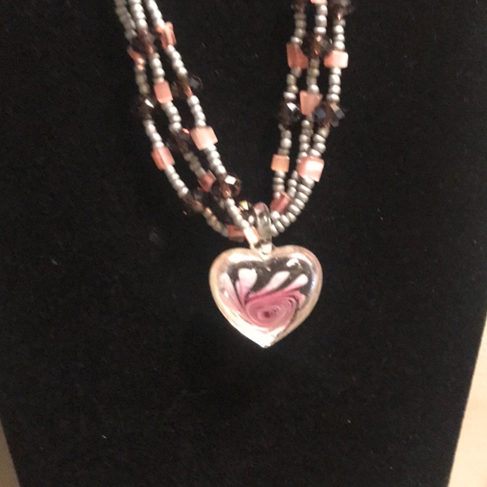 Beautiful glass heart with pink rose necklace.